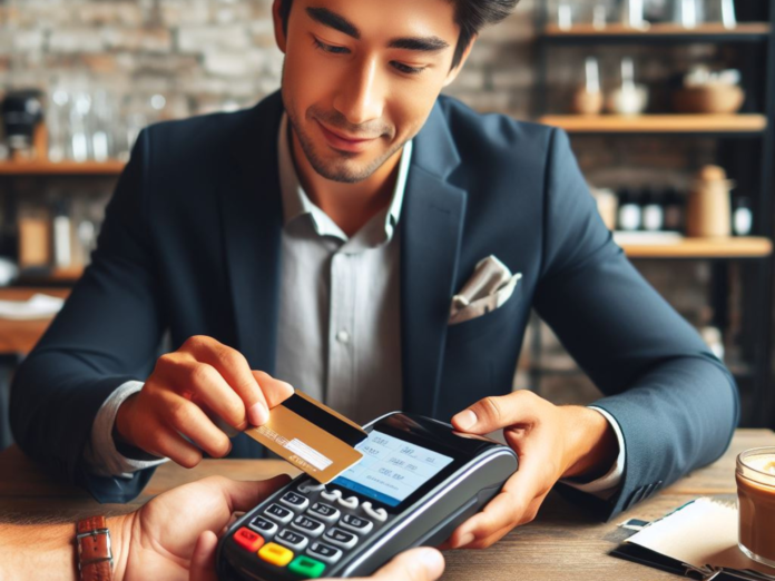 Untitled design - 2024-05-24T143045.153 A business owner using a sleek mobile card terminal to process a customer's payment at a table in a trendy coffee shop.
