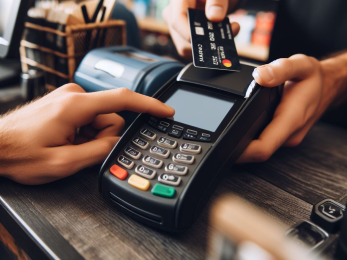A close-up photo of a customer using a countertop card terminal to pay for their purchase at a retail store checkout.
