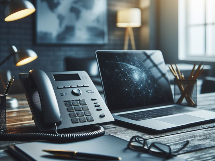 A professional office setting with a sleek desk phone and a laptop computer visible.