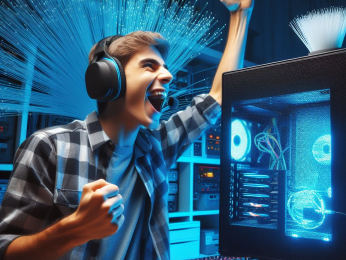 A photo of a young adult wearing a headset and celebrating a victory in an online game on a high-performance computer. Fiber optic cables are subtly visible connecting the computer to the internet router.