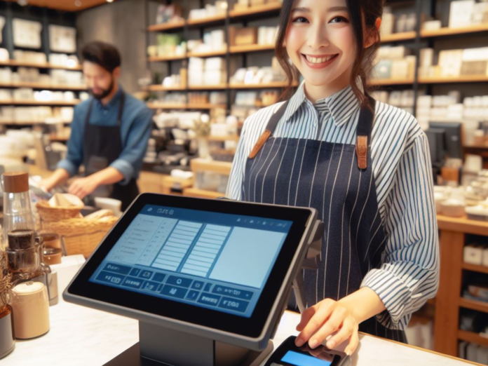 A photo of a retail store checkout counter with a sleek Smart POS terminal positioned in front of a cashier who is processing a customer's purchase with a smile.